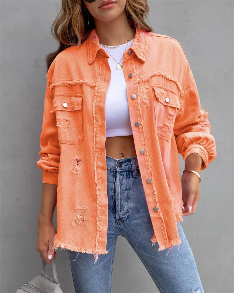Raw-edges Denim Jacket Women Spring Autumn Shirt Style Jeans coat Casual Top Rose-Red Orange Purple Outerwear Lady Coat