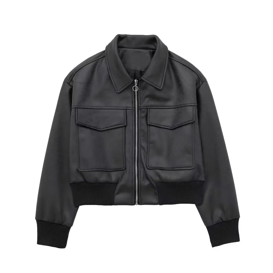 TRAFZA Winter Short Coats Woman Trendy Black Turn-Down Collar Long Sleeves Pockets Zipper Female High Street Thick Jackets