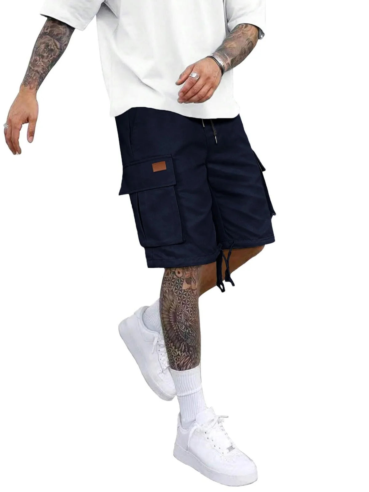 2025 Men's summer solid color casual elastic waist cargo shorts Loose multi-pocket fashion travel sports shorts