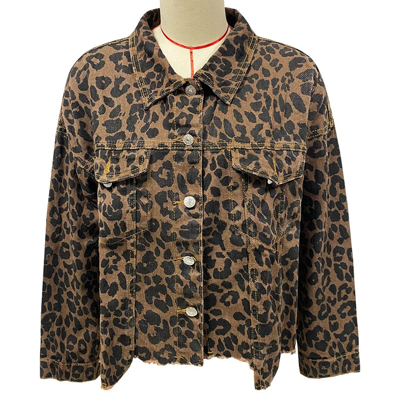 Leopard Print Tassel Hem Single-breasted Jacket Casual Pockets Ripped Denim Outwear Jackets