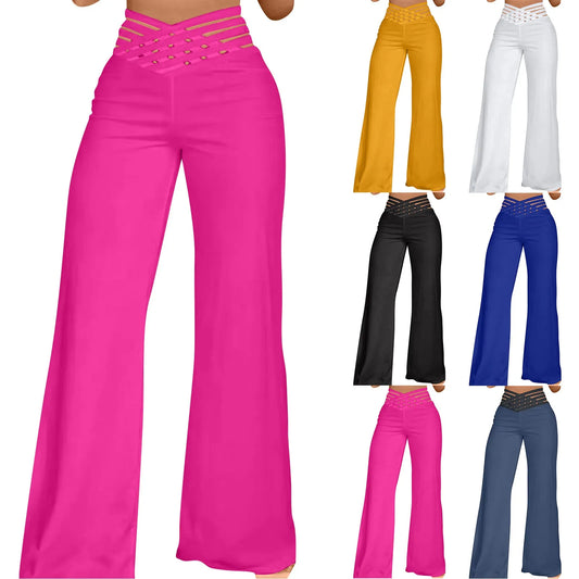 Summer Wide Leg Hollow Wide Waistband Long Pants Women High Waist Solid Color Wide Leg Flared Trousers Yoga Sport Gym Pants