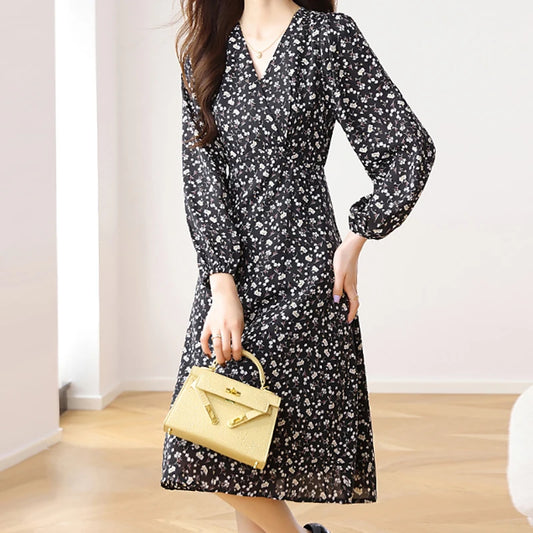 EVNISI Women V-neck Floral Printing Chiffon Dress Chic Slim Office A-line Dresses Long sleeves Women Party Vestido 2024 Autumn