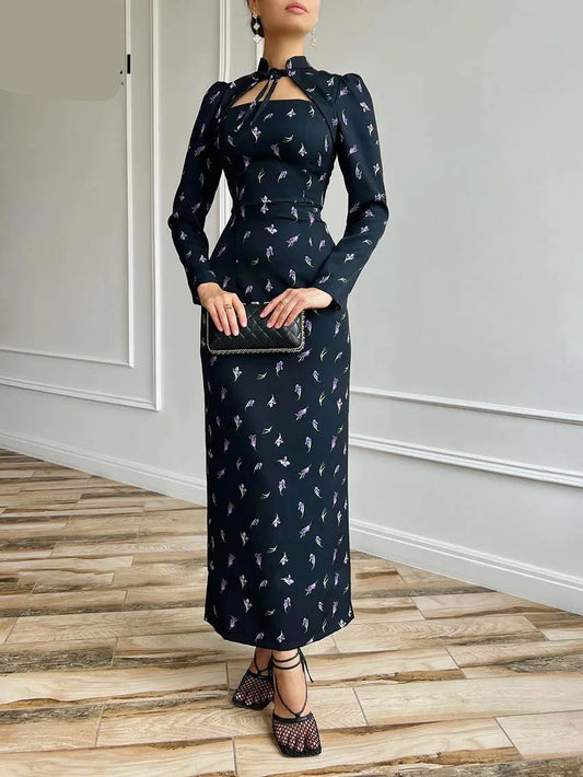 Black Print Stand Neck Long Sleeve Lace-Up Dresses Casual Straight Ankle-Length Dresses