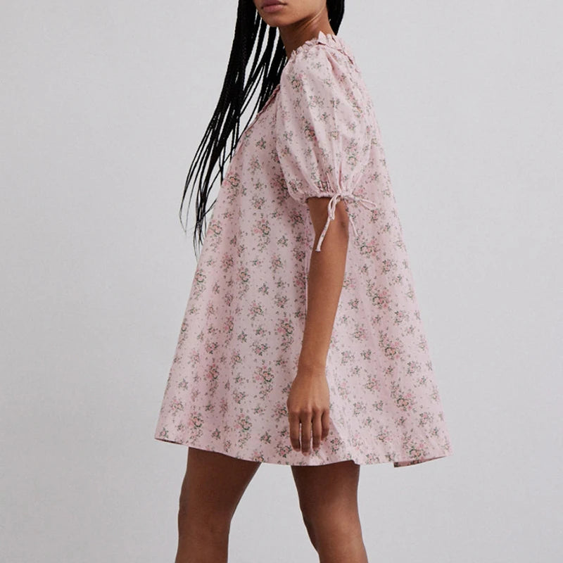 Vintage Floral Print Loose Fit A-line Dress Ruffle Trim Square Collar Puff Sleeve Nightgown Nightdress Y2K Cottage Fairy Dress