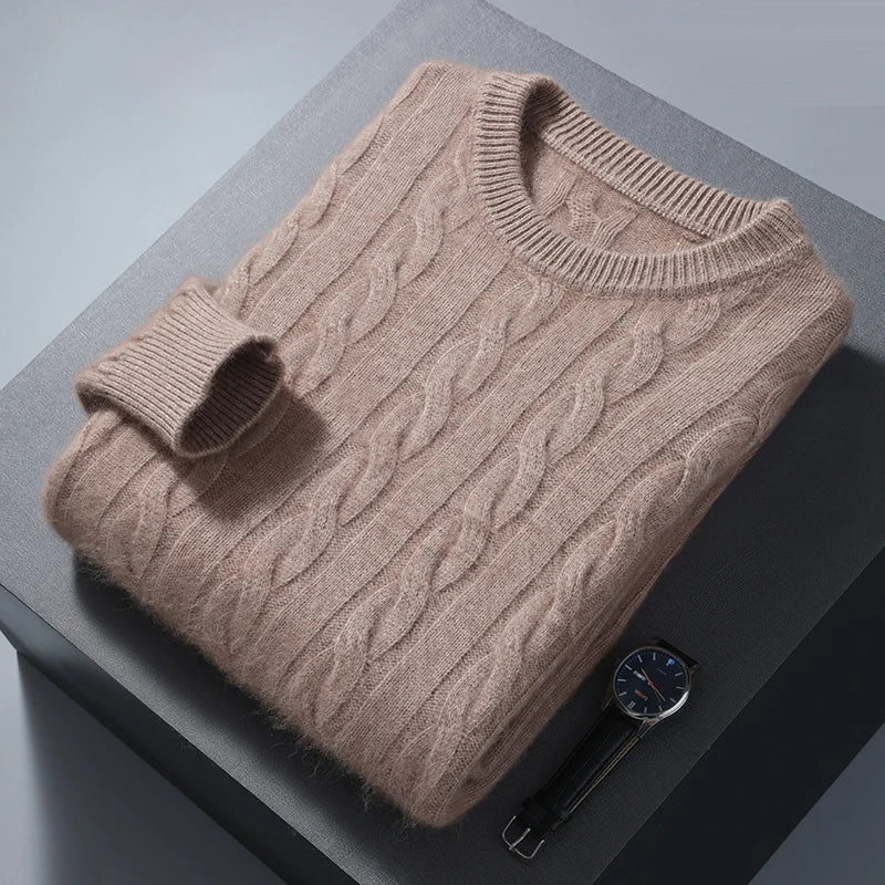 100% Pure Mink Cashmere Sweaters Men's Round Neck Thickened Pullover Autumn and Winter Warm Casual Knitted Large Size Twist Tops
