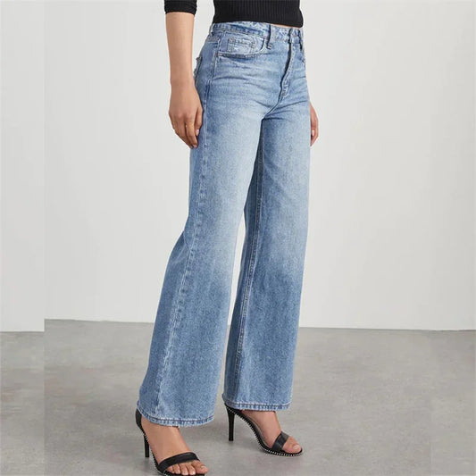 Fashion Back Pocket Broken Holes Straight Jeans Women High Waist Wide Leg Trousers Daily Comfortable Commuter Casual Denim Pants