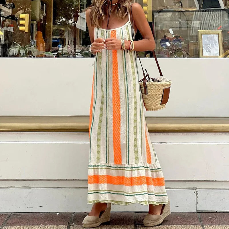 Striped Spaghetti Strape Dress Summer Casual Ladies Long Simple Backless Beach Sleeveless Party Dresses