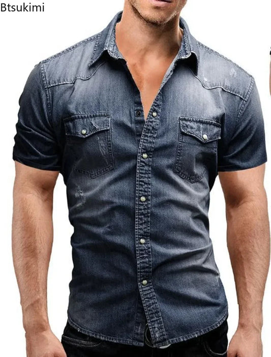 Men's Denim Short Sleeve Slim Cowboy Streetwear Vintage Casual Shirt