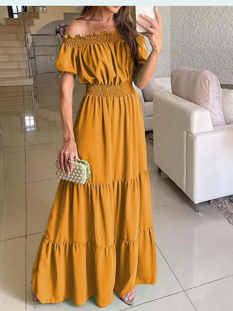 2024 Summer Solid Boho Dress Women Fashion Elegant Beach Party Dress Casual Slash Neck Office Maxi Dresses For Woman Robe Femme