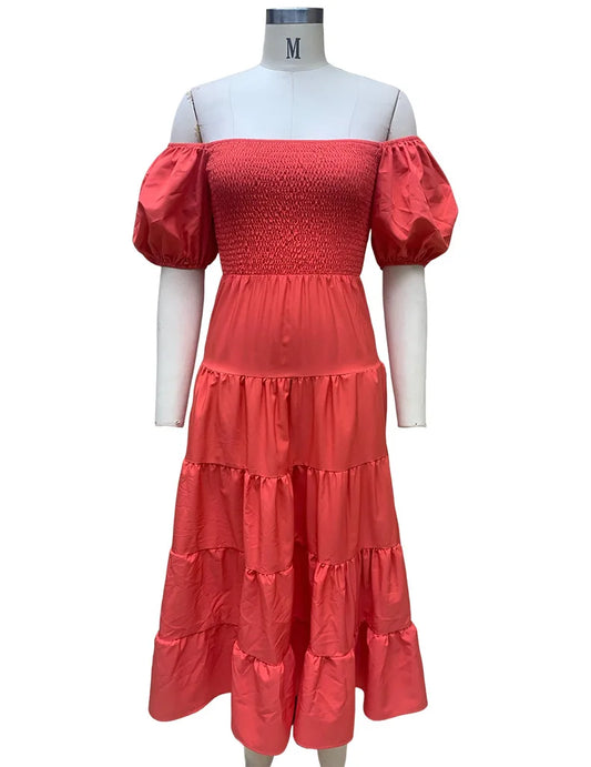 Women Off Shoulder Long Dress Summer Solid Color Short Puff Sleeve Slash Neck A-Line High Waist Mid-Calf Sundress