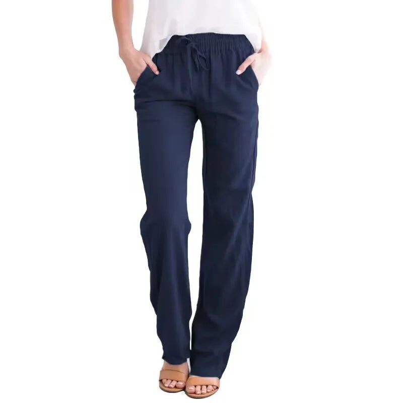 Women's Summer Cotton Hemp Drawstring Loose Relaxed Wide Leg Pants Trouser