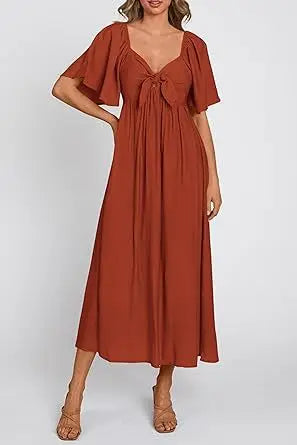 2025 Spring/Summer Women's Dress Fashion New V-neck Bow Fold Medium Length Short Sleeved Dress Printed Holiday Beach Long Dress