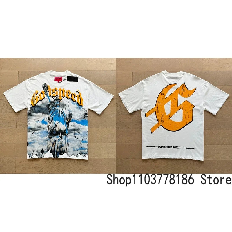 Classic White GOD SPEED T Shirts Letter Logo Seaside Holiday Scenery Print Godspeed Short Sleeve Unisex Tees Tops