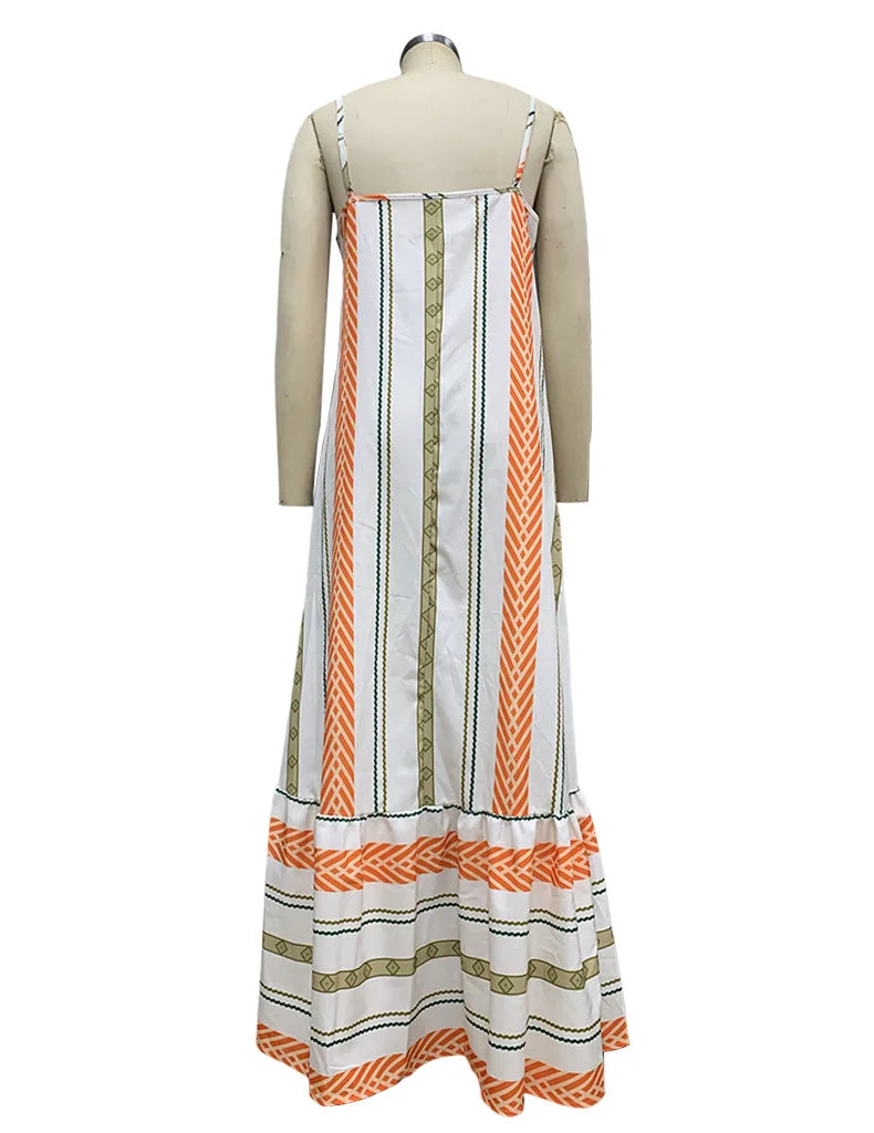 Striped Spaghetti Strape Dress Summer Casual Ladies Long Simple Backless Beach Sleeveless Party Dresses