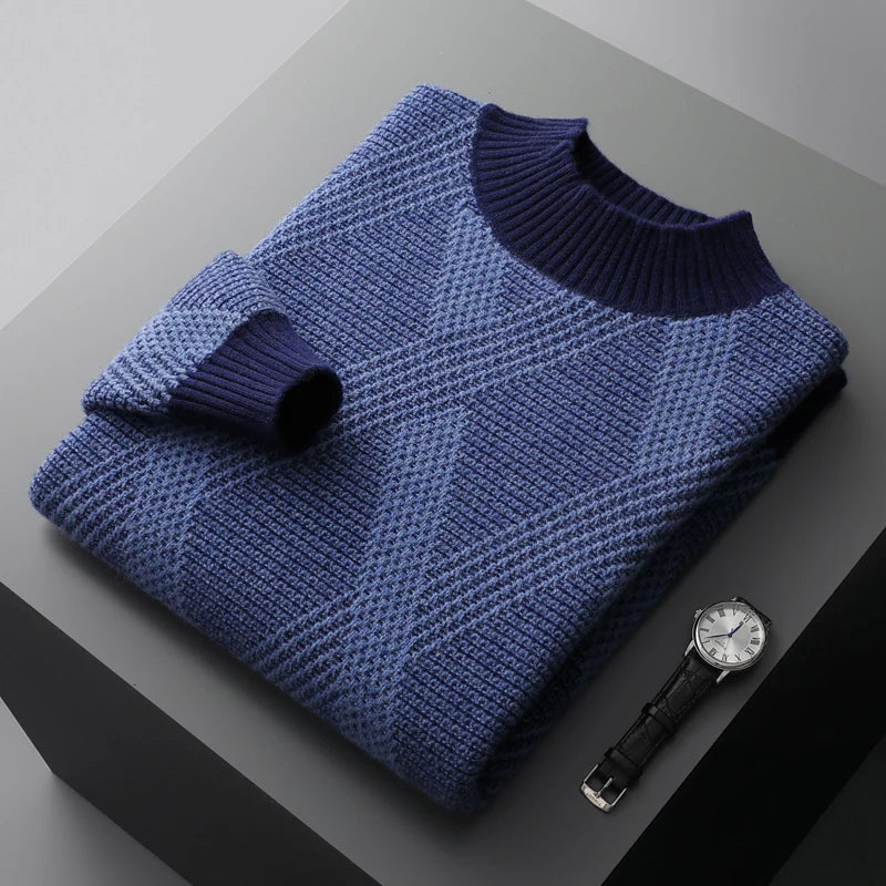 100% wool men's semi-high collar seats with jacquard stripes for business and leisure double-stranded thick sweater knitted coat