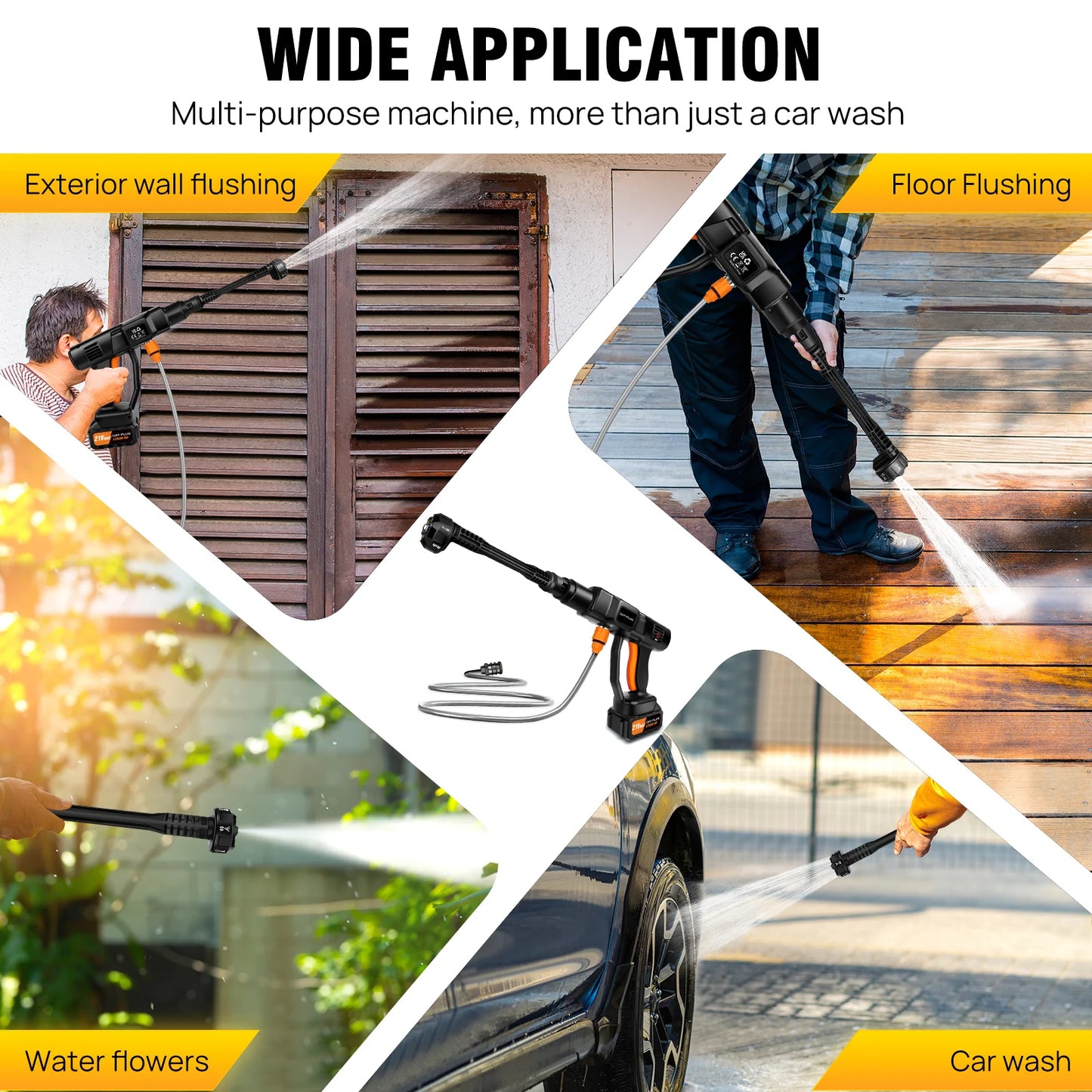 6 IN 1 Brushless 21V Electric High Pressure Washer Cordless Efficient Car Garden Cleaning Spray Gun with Powerful 3.0Ah Battery
