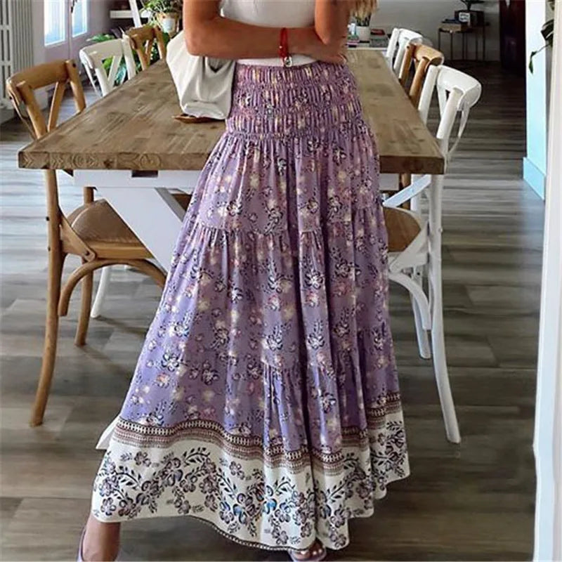 Boho Casual Print Maxi Skirt Women Summer Fashion Sexy High Waist Skirts Womens 2024 Pink Beach Floral A-line Long Skirts Femme