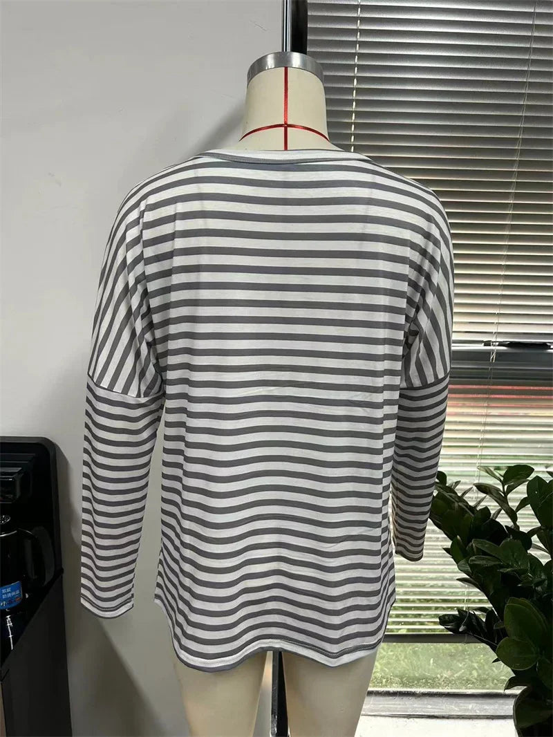 Spring Autumn Women's T-shirts Stripe Print Fashion Print Long Sleeves T shirt Casual Loose Streetwear Y2K Women Sweatshirt Tops