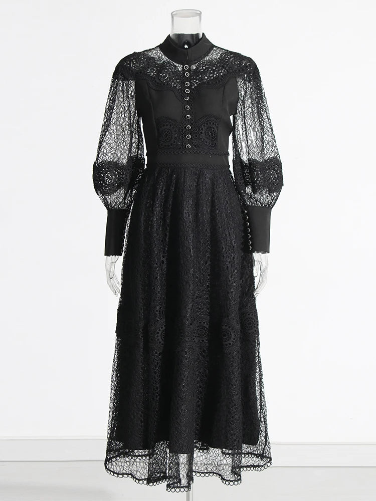 Hollow Out Patchwork Embroidery Stand Collar Lantern Sleeve High Waist Elegant Dresses For Women