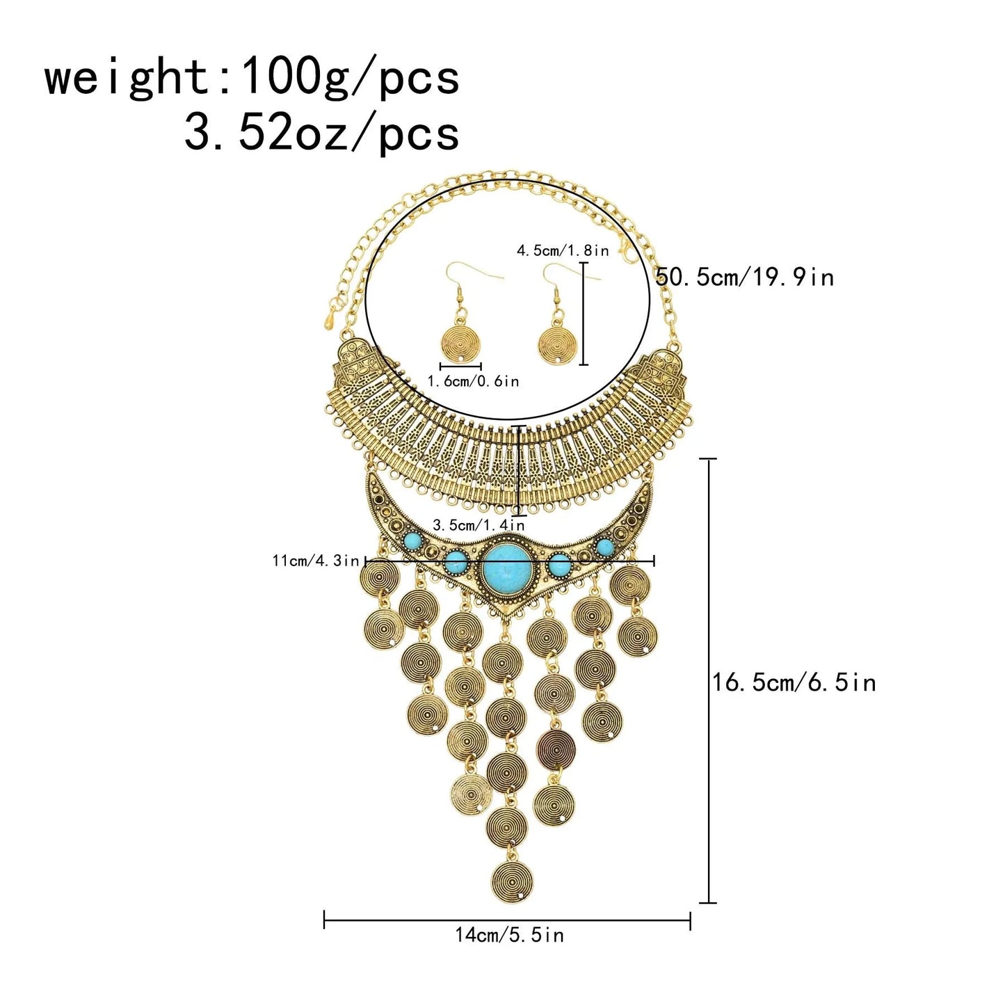 Tribal Ethnic Turquoise Retro Necklace Earrings Jewelry Set Boho Afghan Gypsy Geometry Circle Tassel Pendant Female Accessory
