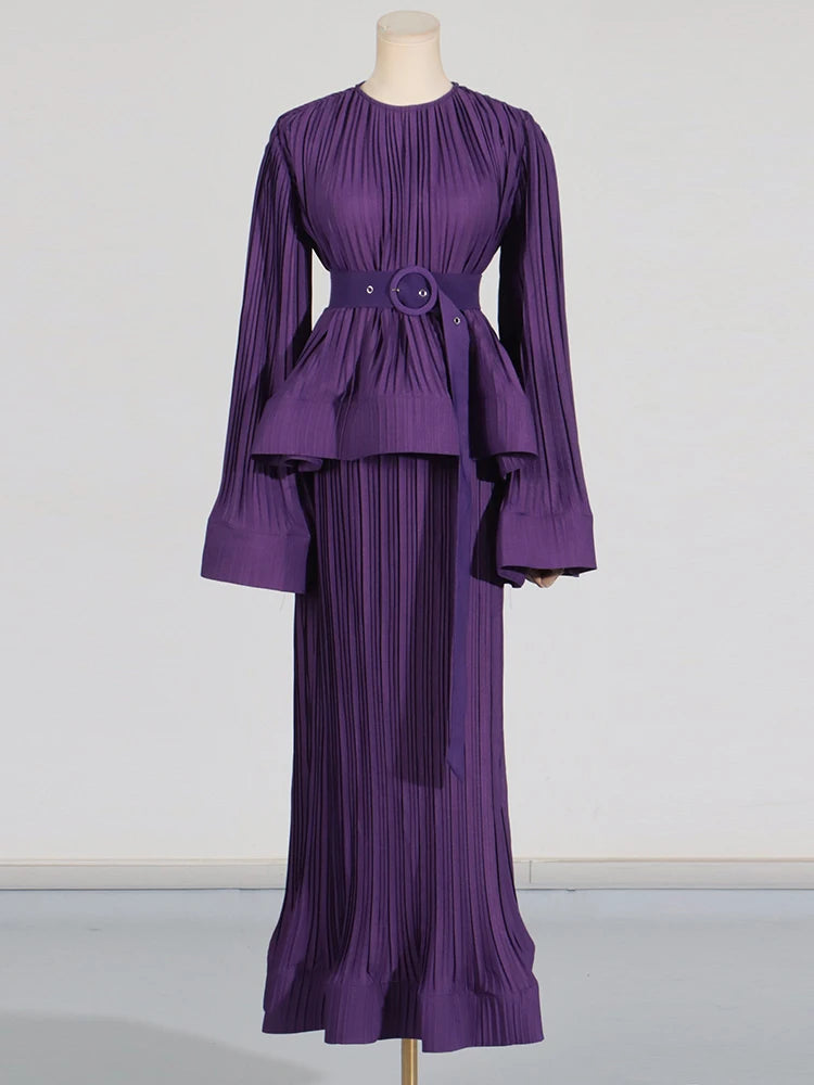 Elegant Two Piece Set For Women O Neck Long Sleeve Patchwork Ruffles Tops High Waist Skirt Set Female Fashion New