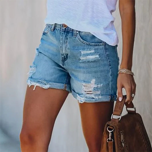 Fashion Vintage Broken Holes Denim Shorts Women Straight Mini Jeans Three Quarter Pants Female Summer Casual Trend Streetwear 24