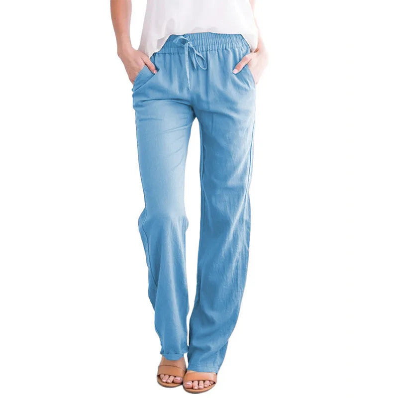 Women's Summer Cotton Hemp Drawstring Loose Relaxed Wide Leg Pants Trouser