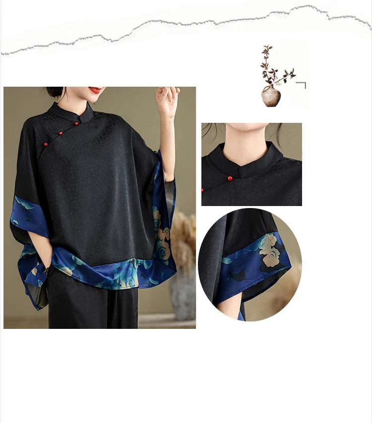 Mulberry Silk Chinese Style T-shirt for Women Spring Summer Fashion Vintage Patchwork Half Sleeve Cloud Embroidery Female Blouse