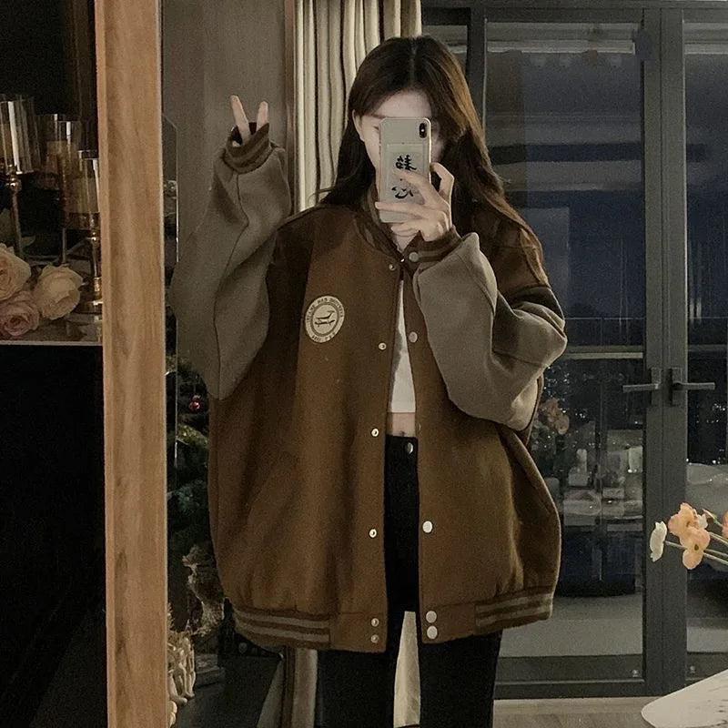 Lazy Style Baseball Jacket for Women in Autumn and Winter, Plush and Thickened Fashion Retro Loose Fitting Jacket
