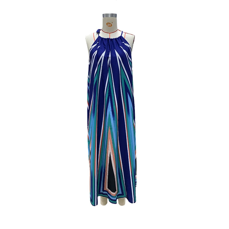 Bohemian Long Dress Women Sleeveless Casual Print Big Hem Summer Pleated Holiday Beach Loose Halter Beach Sundress