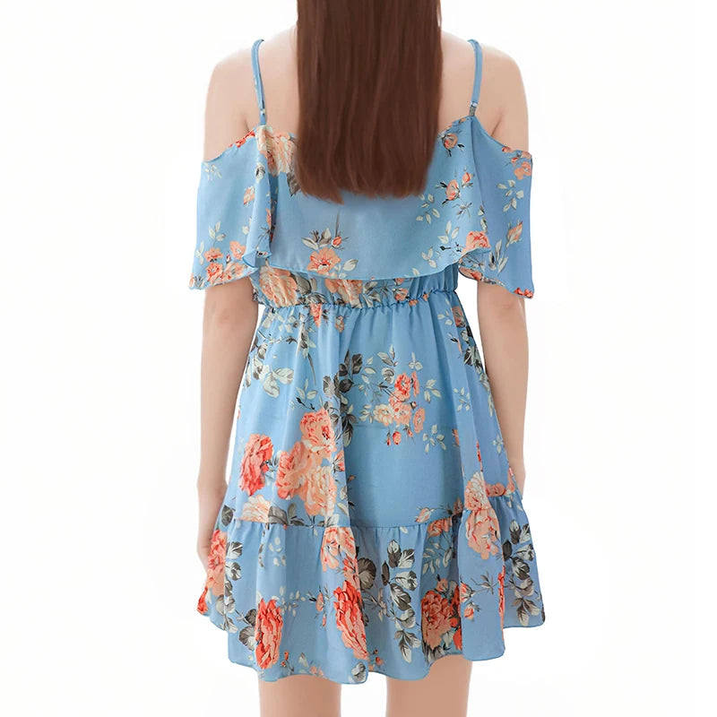 Printed Off Shoulder Beach Dress Women Ruffle Strap Vacation Summer Dress 2024 Woman Backless Floral Short Dresses Graduation