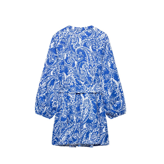 DUOPERI Women With Belt Printed Mini Dress Single Breasted V-Neck High Female Elegance Chic Lady Long Sleeves Dresses