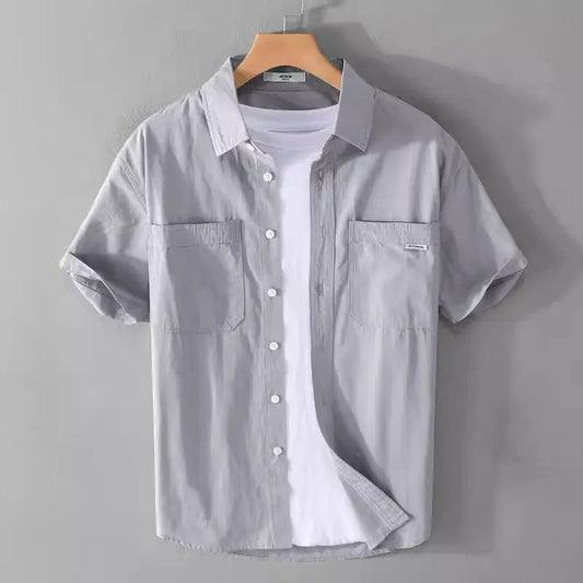 2025 Summer Thin Tops Work Clothes Short-sleeved Shirt Trendy Men Loose Casual Youth Solid Color Versatile Trend