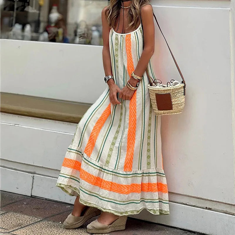Striped Spaghetti Strape Dress Summer Casual Ladies Long Simple Backless Beach Sleeveless Party Dresses