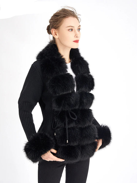 Luxury Fur Cardigan Knit Winter Sweater Women Elegant Detachable Fur Belt White Pink Black