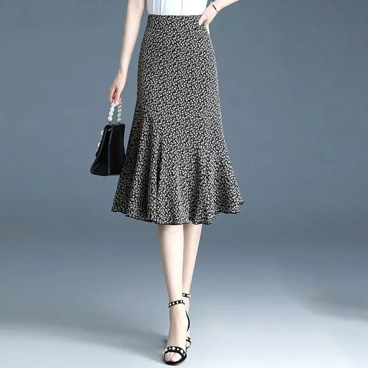 Elegant Printed Zipper Folds Chiffon Floral Skirts Women's Clothing 2024 Summer New Loose Office Lady High Waist Mermaid Skirts
