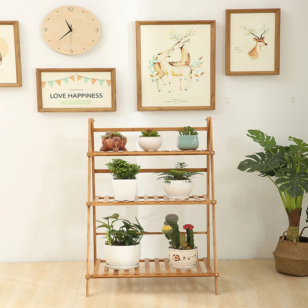Bamboo Ladder Plant Stand Foldable Flower Pot Display Stand