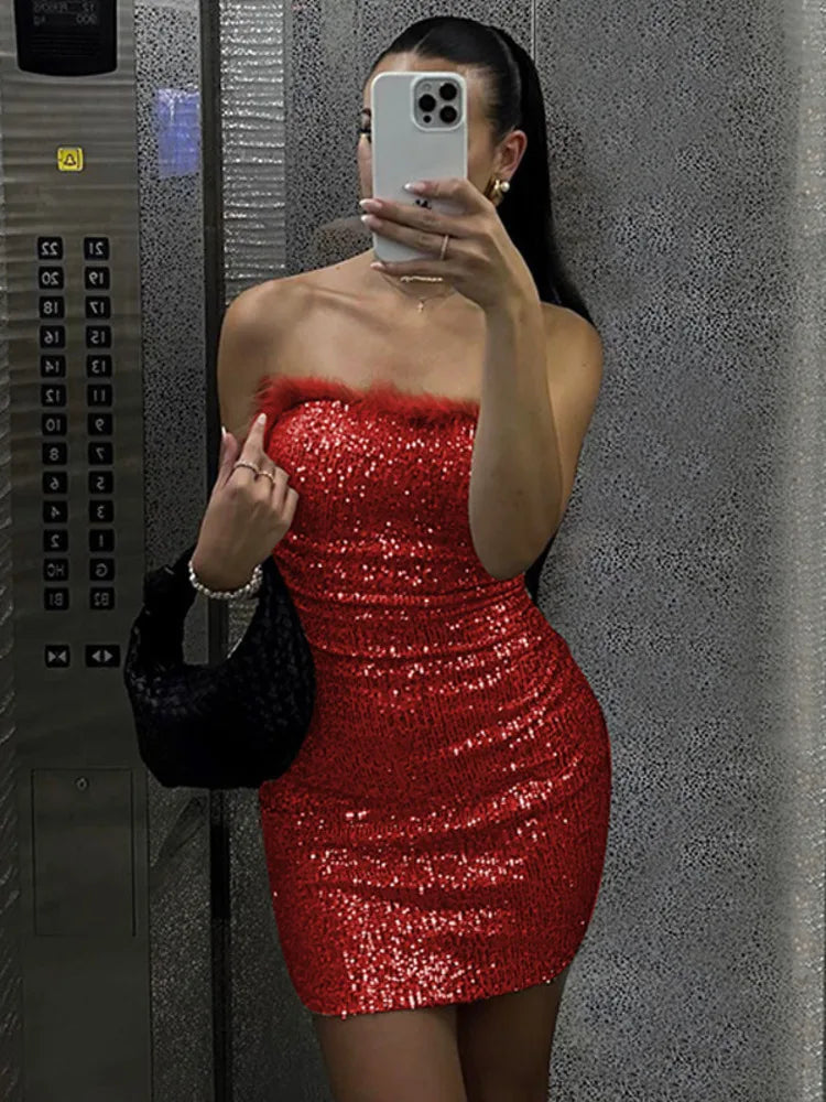 Eyellcart Sequins Off-shoulder Sexy Mini Strapless Feather Backless Bodycon Club Party Sparkle Dress