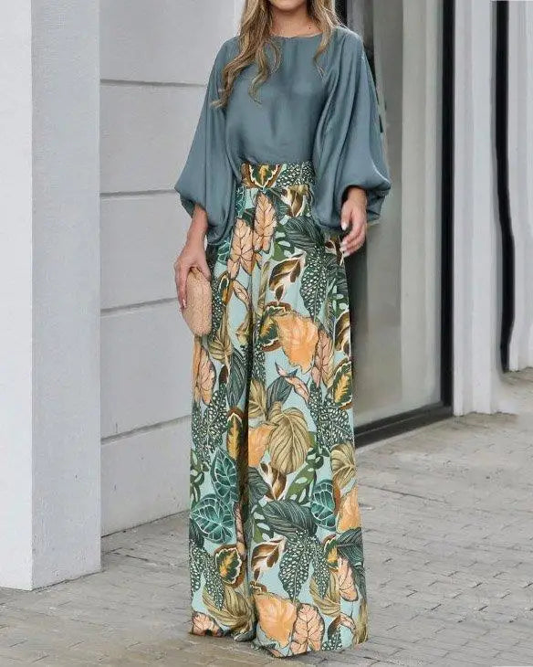 Women's Clothing Set Lantern Sleeves Loose Top Printed Wide Leg Pants Two Piece Set