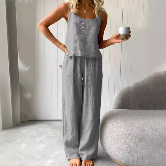 Cotton Linen Women's Suit Slip Vest Wide-leg Pants Suits Female Fashion Casual 2 Piece Sets Home Casual Clothes Ladies Sets 2025