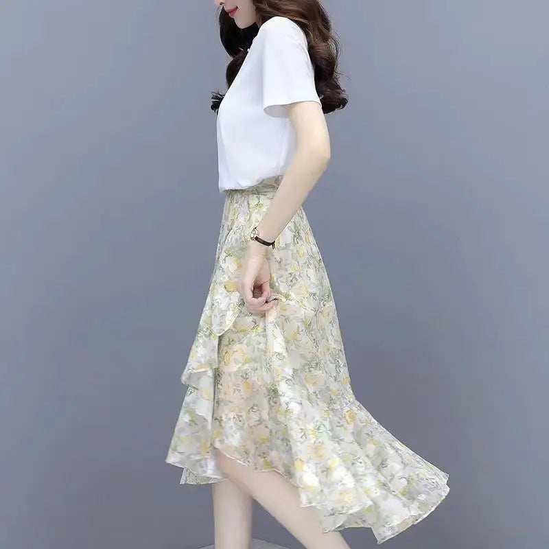 Fashion Printing Irregular Chiffon Skirt Women Summer Thin Slim Elegant Casual Loose All-match Fresh Women's Clothing Skirt