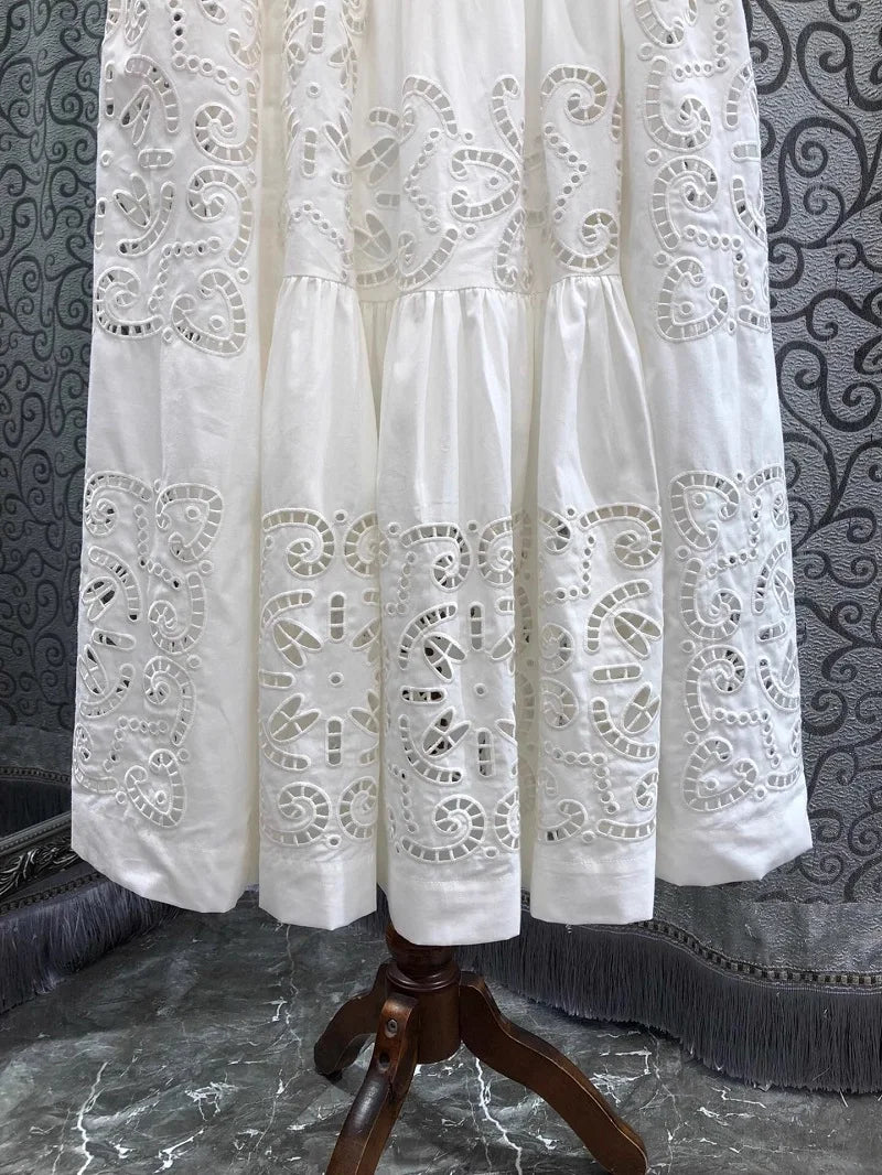 New 2025 Spring Long Skirt High Quality Women Elastic Waist Hollow Out Embroidery Luxury Cotton Linen Long Maxi White Skirts