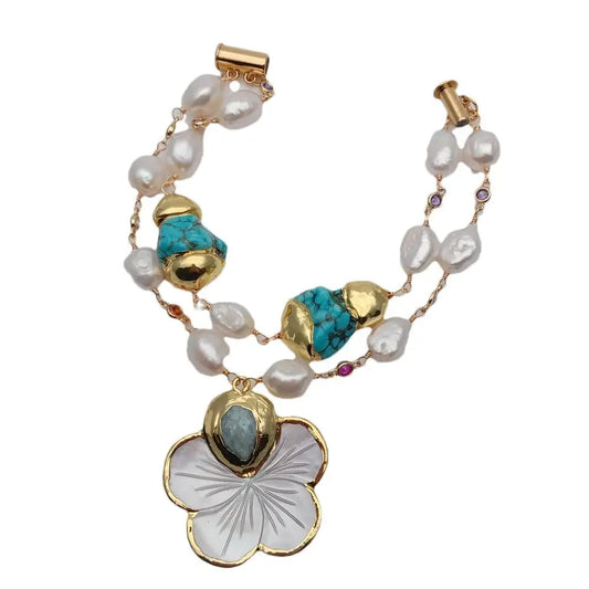 YYGEM 37mm mop Shell Flower Charm 2 Rows Freshwater Cultured White Baroque Pearl Cz Chain Beaded Wrap Bracelet