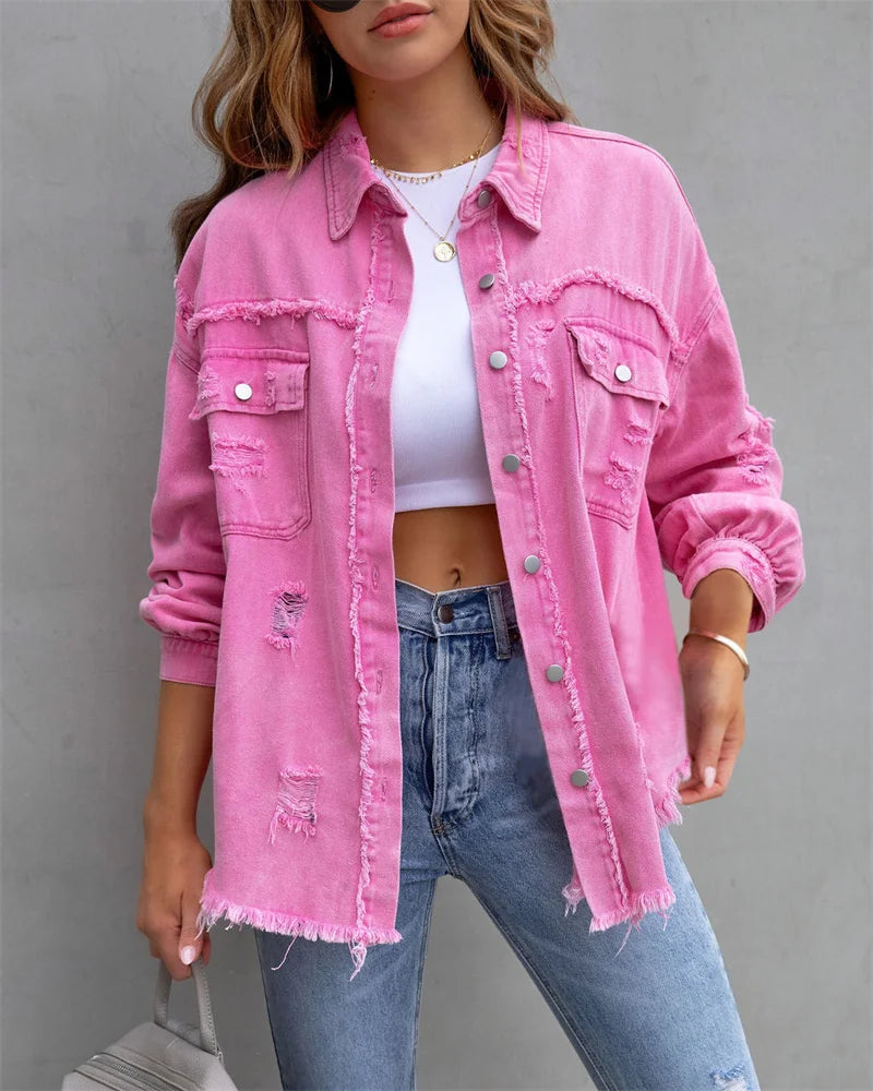 Raw-edges Denim Jacket Women Spring Autumn Shirt Style Jeans coat Casual Top Rose-Red Orange Purple Outerwear Lady Coat