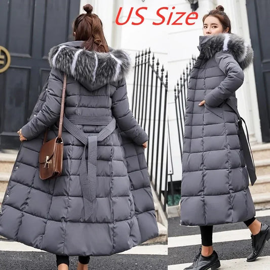2025 Winter Women's Jacket Warm Fashion Comfortable Bow Belt Fox Fur Collar Clothes Long Dress Office Casual Women's Thick Coat