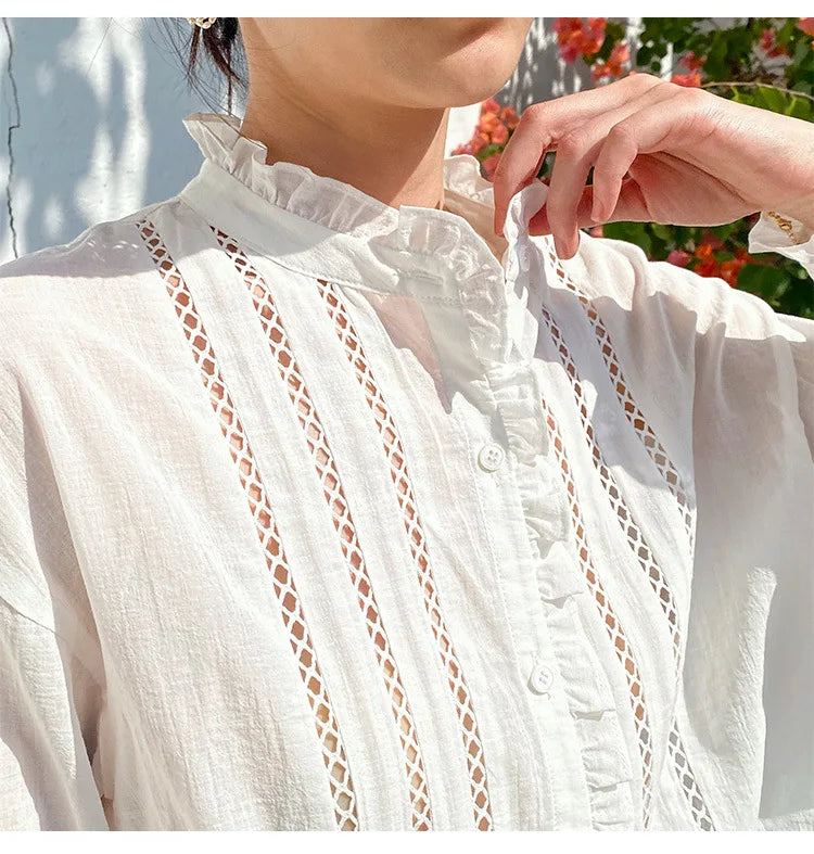 2025 Spring New Women's French White Shirt Splicing Lace Embroidery Design Ladies Shirt Long Sleeve Casual Holiday Beach Tops