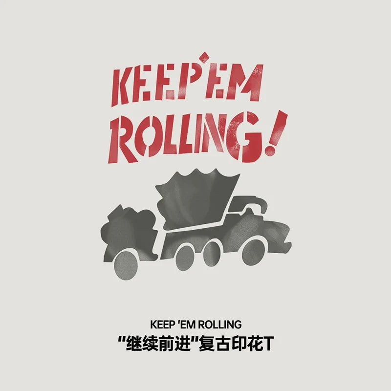 Maden Maden Summer Men's Beige Short Sleeve T-Shirts Vintage Graffiti Letter Car Print Tees Heavyweight Casual Tops for Men