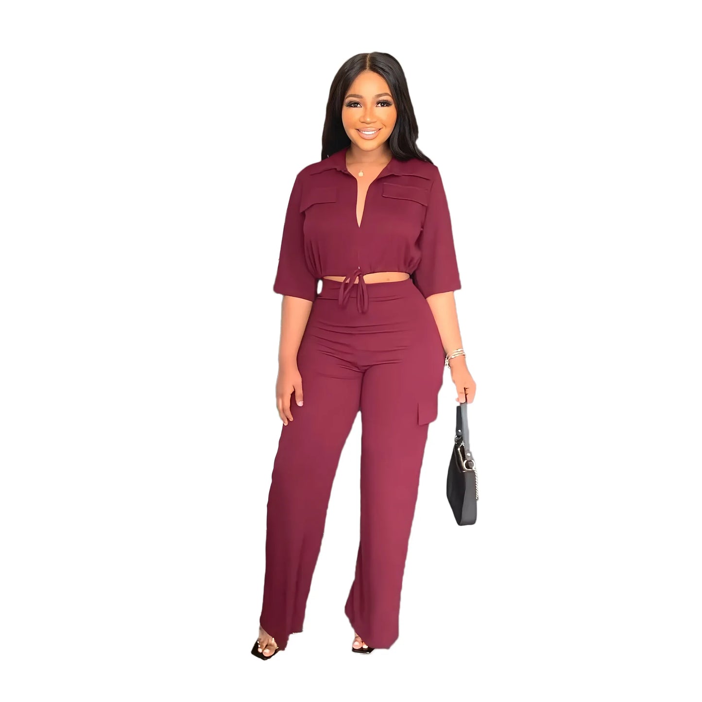Elegant Office Women Two Piece Short Shirt + Wide Leg Trousers Set