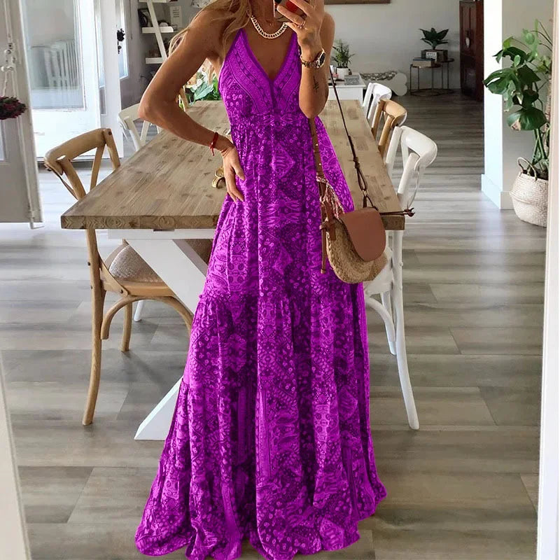 Vintage Printed Bohemian Women V-Neck Party Long Dresses Beach Elegant Sleeveless Spaghetti Strap Sexy Maxi Sundress