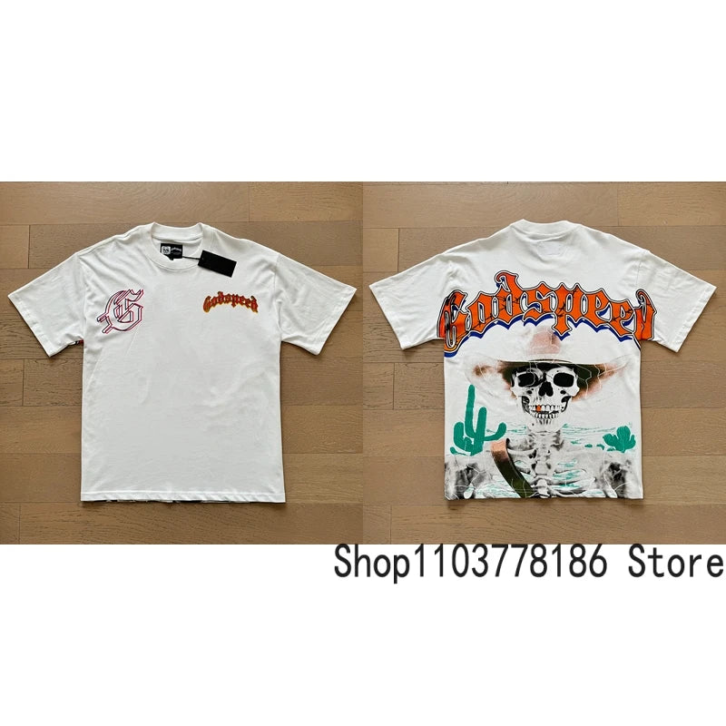 Classic White GOD SPEED T Shirts Letter Logo Seaside Holiday Scenery Print Godspeed Short Sleeve Unisex Tees Tops